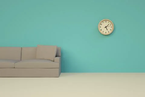 3D illustration Empty room with a modern sofa in front of the door and a clock Stock Illustration