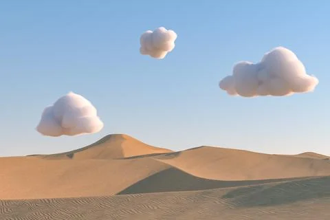 3D illustration. Empty sandy desert with blue sky and clouds. Stock Illustration