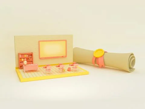 3D Illustration. Empty school classroom with a diploma. Illustrazione stock