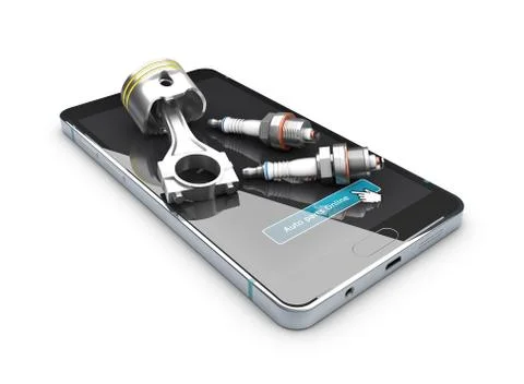 3d illustration of engine piston and spark plugs on the screen of phone, isol Stock Illustration