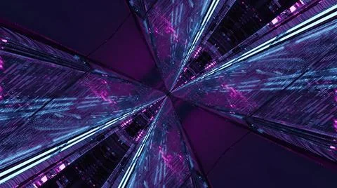 3D illustration of an enlightened angular sci-fi tunnel in the shades of purple Stockillustratie