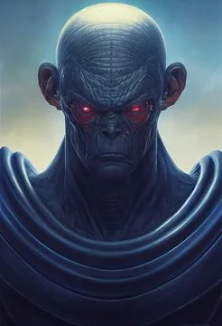 3D illustration of an evil sci-fi alien with red eyes, planning the end of the w Stock Illustration