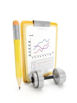 3d illustration: execution exercise, gym. dumbbells, a block on a white backg Stock Illustration