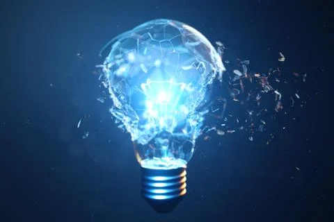 3D Illustration Exploding light bulb on a blue background, with concept creative イラスト素材