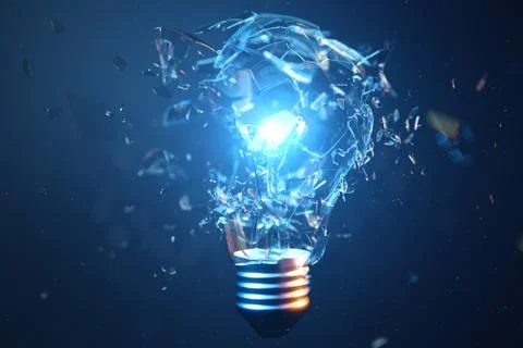 3D Illustration Exploding light bulb on a blue background, with concept creative Stock Illustration