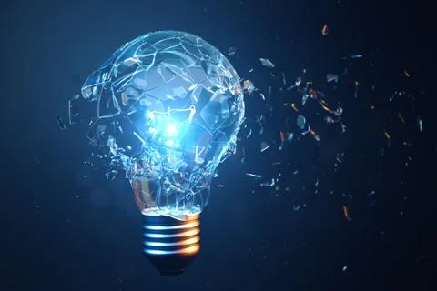 3D Illustration Exploding light bulb on a blue background, with concept creative Stock Illustration