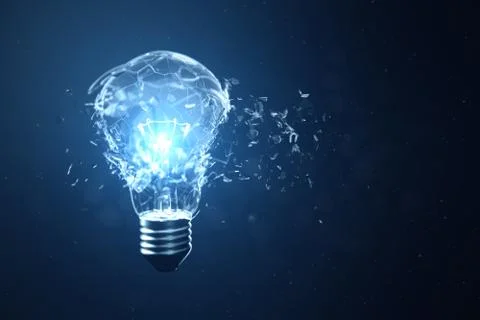 3D illustration Exploding light bulb on a blue background, with concept creative Stock Illustration