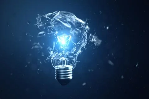 3D illustration Exploding light bulb on a blue background, with concept creative Stock Illustration