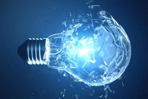 3D illustration Exploding light bulb on a blue background, with concept creative Stock Illustration