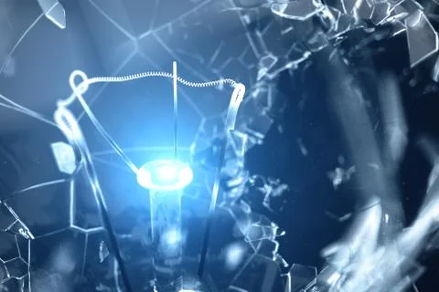 3D illustration Exploding light bulb on a blue background, with concept creative Illustrazione stock