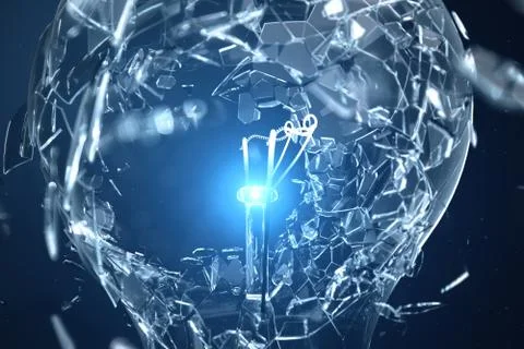 3D illustration Exploding light bulb on a blue background, with concept creative Stock Illustration