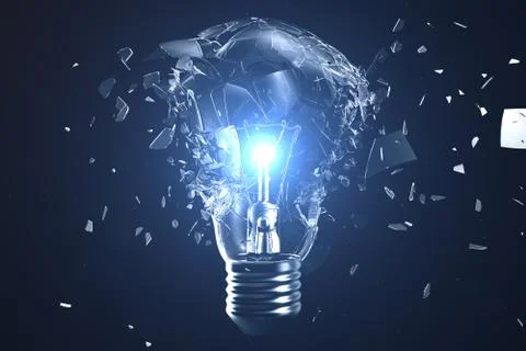 3D illustration Exploding light bulb on a blue background, with concept creative Stock Illustration