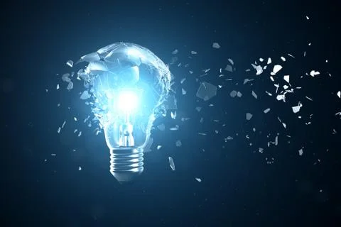 3D illustration Exploding light bulb on a blue background, with concept creative Stock Illustration