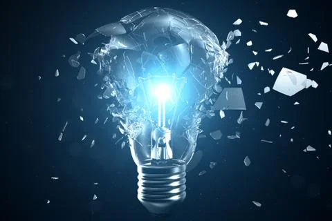 3D illustration Exploding light bulb on a blue background, with concept creative Stock Illustration