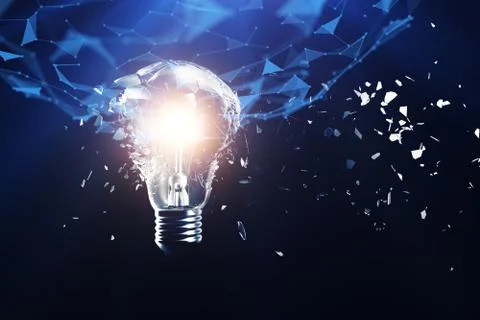 3D illustration exploding light bulb on a blue background, concept creative Illustrazione stock