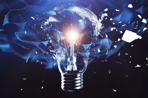 3D illustration exploding light bulb on a blue background, concept creative Stock Illustration