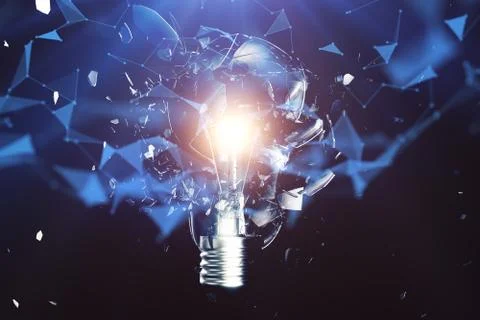3D illustration exploding light bulb on a blue background, concept creative Stock Illustration