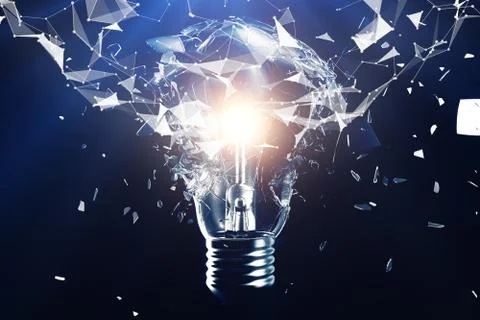3D illustration exploding light bulb on a blue background, concept creative Stock Illustration