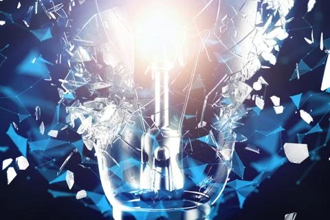 3D illustration exploding light bulb on a blue background, concept creative Stock Illustration
