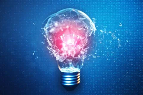 3D Illustration Exploding light bulb on a blue background, with concept creative イラスト素材