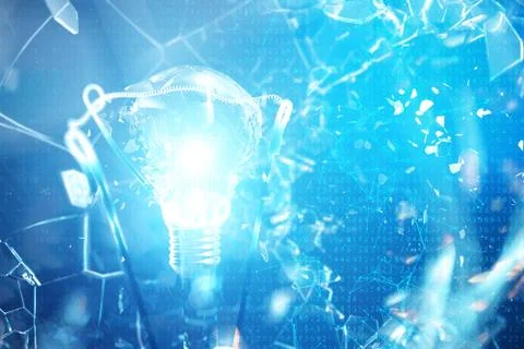 3D Illustration Exploding light bulb on a blue background, with concept creative Stock Illustration