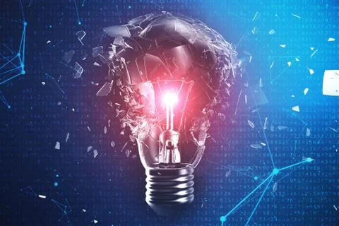 3D Illustration Exploding light bulb on a blue background, with concept creative Stock Illustration