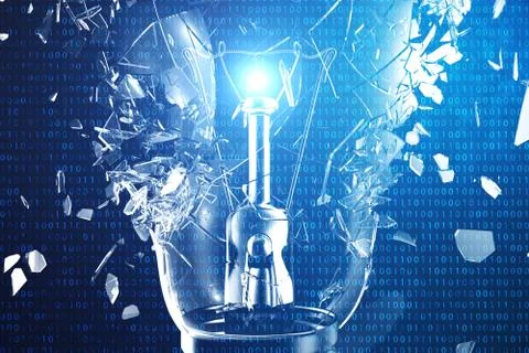 3D Illustration Exploding light bulb on a blue background, with concept creative Illustrazione stock