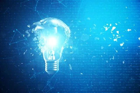 3D Illustration Exploding light bulb on a blue background, with concept creative Stock Illustration