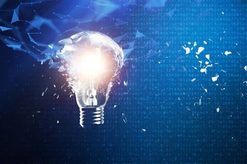 3D illustration exploding light bulb on a blue background, concept creative Stock Illustration