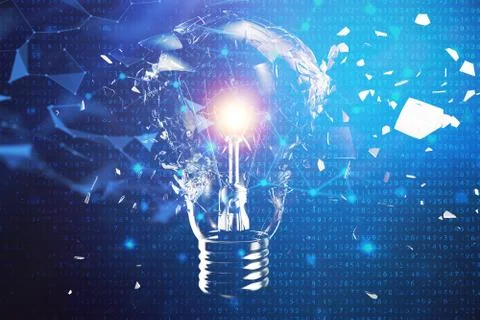 3D illustration exploding light bulb on a blue background, concept creative Stock Illustration