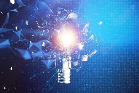 3D illustration exploding light bulb on a blue background, concept creative Stock Illustration