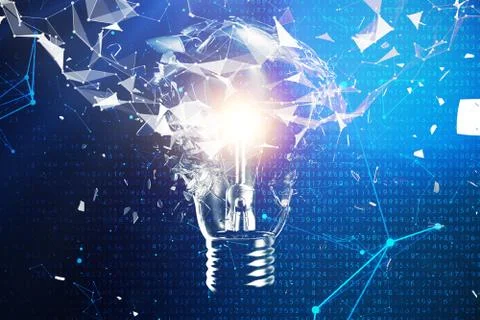 3D illustration exploding light bulb on a blue background, concept creative Stock Illustration