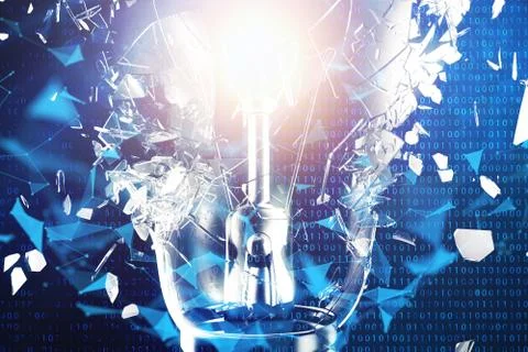 3D illustration exploding light bulb on a blue background, concept creative Stock Illustration