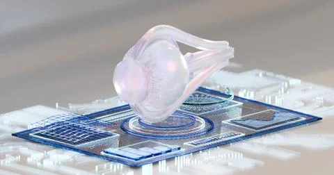A 3D illustration of an eye  on a digital tablet containing medical data and Stock Illustration