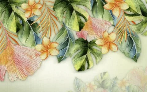 3d illustration, fabric background, large multi-colored tropical leaves Stock Illustration