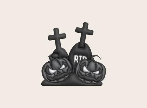 3D illustration. Face of devil pumpkins for Halloween and grave cemetery. Ilustração Stock