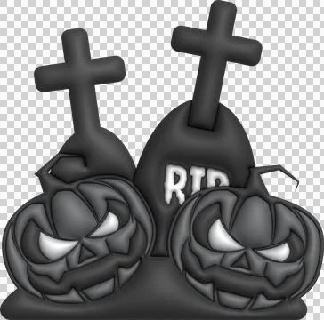 3D illustration. Face of devil pumpkins for Halloween and grave cemetery. Stockillustratie