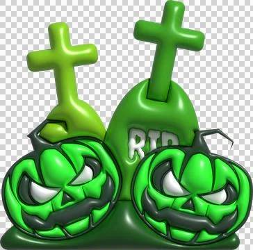 3D illustration. Face of devil pumpkins for Halloween and grave cemetery. Stockillustratie