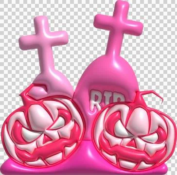 3D illustration. Face of devil pumpkins for Halloween and grave cemetery. Ilustração Stock