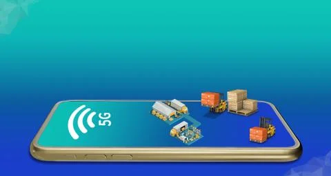 3D illustration Factory system structure connected to a smartphone on 5G netw Stock Illustration