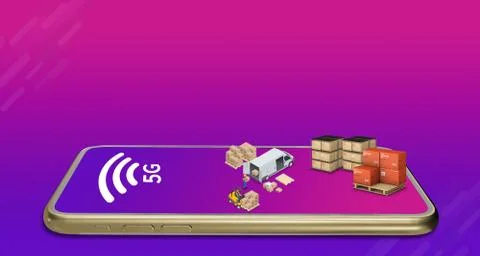 3D illustration Factory system structure connected to a smartphone on 5G netw Stock Illustration