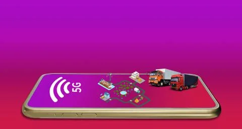 3D illustration Factory system structure connected to a smartphone on 5G netw Illustrazione stock