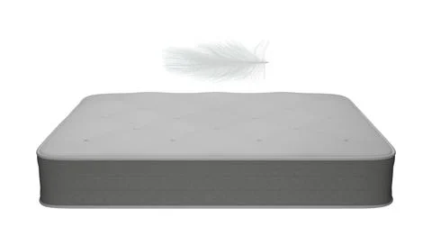 3d illustration of a feather, down of white gray color over a thick mattress Stock Illustration