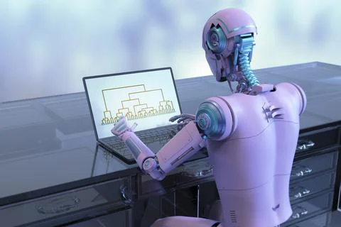 A 3D illustration featuring a humanoid robot engaged in work with a laptop, a Ilustración de archivo