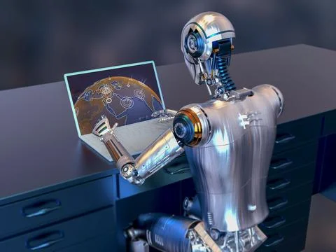 A 3D illustration featuring a humanoid robot engaged in studying a geography  Stock Illustration