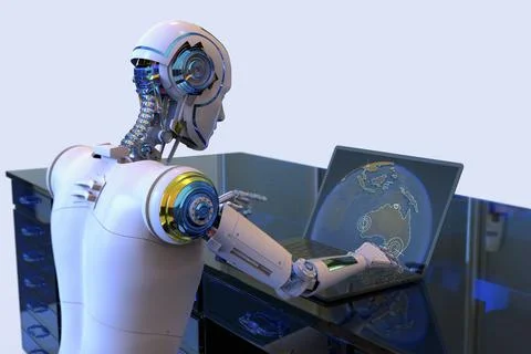 A 3D illustration featuring a humanoid robot engaged in studying a geography  Illustrazione stock