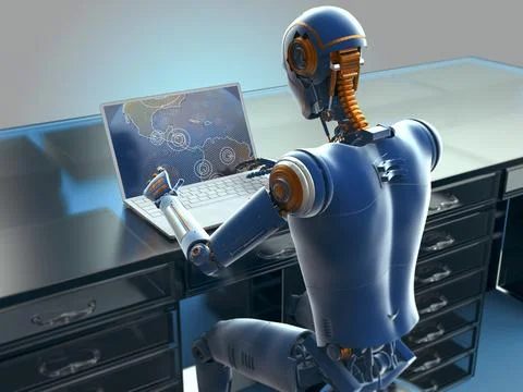 A 3D illustration featuring a humanoid robot engaged in studying a geography  Ilustración de archivo