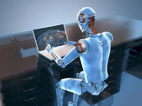 A 3D illustration featuring a humanoid robot engaged in studying a geography  Stock Illustration