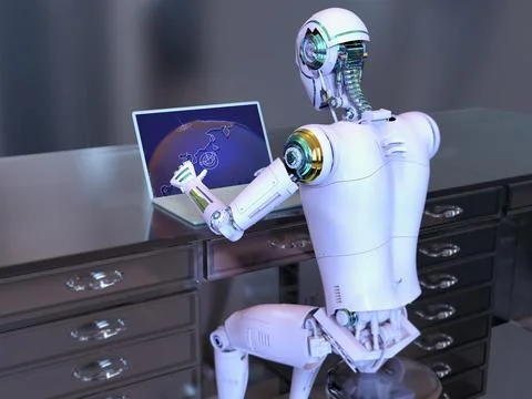A 3D illustration featuring a humanoid robot engaged in studying a geography  Stock Illustration