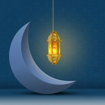 A 3D illustration featuring a large blue crescent moon and a lit golden orn.. Stock Photos